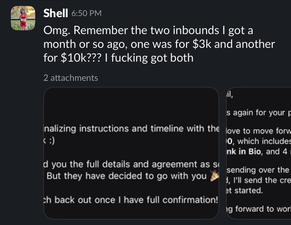 Message from Yesil Satik: closed both a $3K and a $10K inbound